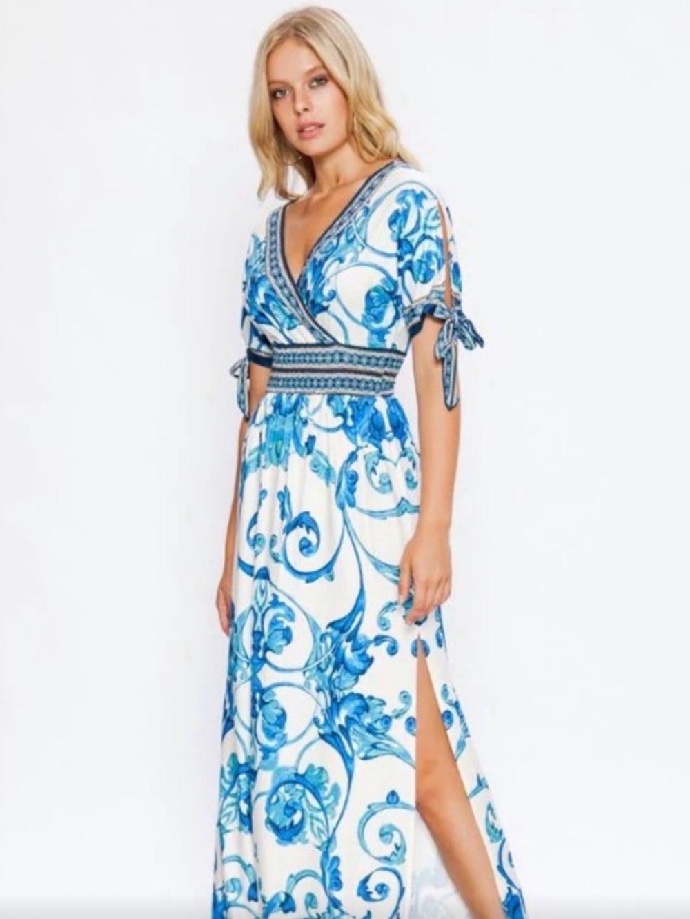 Boston Proper White Maxi Dress with Blue Floral Scroll Print XL - Picture 2 of 6